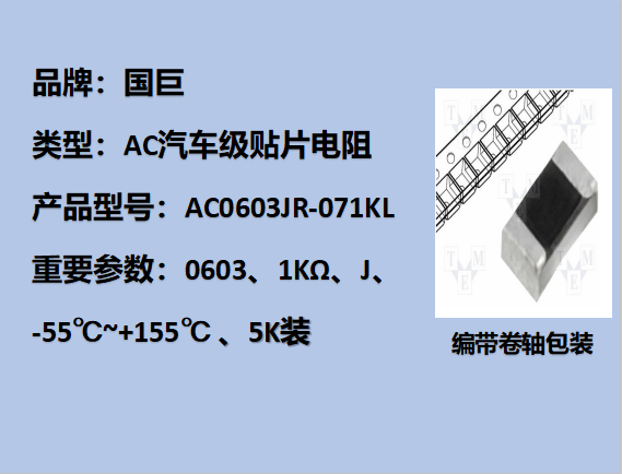 國(guó)巨AC汽車級(jí)貼片電阻0603,J,1KΩ,75V,5k裝